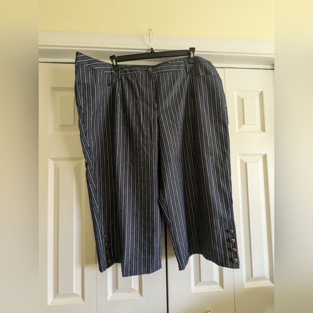 Larry Levine Woman Stretch Striped Navy Blue Button-Detail Pants